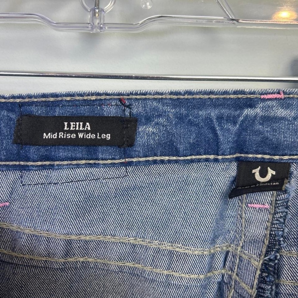 True Religion Leila Kids Blue Wide Leg Jeans Pink Rhinestone Logo Size 10 NWT - Picture 7 of 8